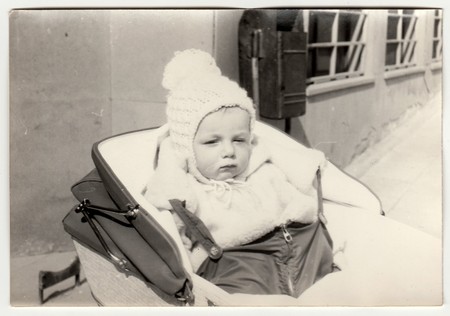 THE CZECHOSLOVAK SOCIALIST REPUBLIC, CIRCA 1972: Vintage photo shows baby in a pram (baby carriege), circa 1972.のeditorial素材