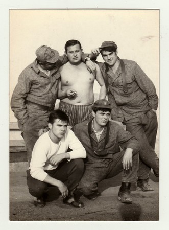 THE CZECHOSLOVAK SOCIALIST REPUBLIC, CIRCA 1965: A vintage photo shows soldiers during a rest.のeditorial素材