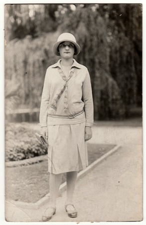 THE CZECHOSLOVAK SOCIALIST REPUBLIC - CIRCA 1950: Vintage photo of woman in the city park.