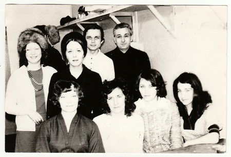USSR - CIRCA 1978s: Vintage photo shows women and men at home.のeditorial素材
