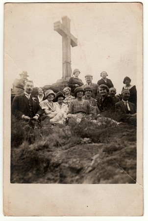 THE CZECHOSLOVAK REPUBLIC - CIRCA 1940s: Vintage photo shows people on trip. People sit at the...