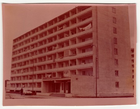 USSR - CIRCA 1980s: Vintage photo shows block of flats in USSR.のeditorial素材