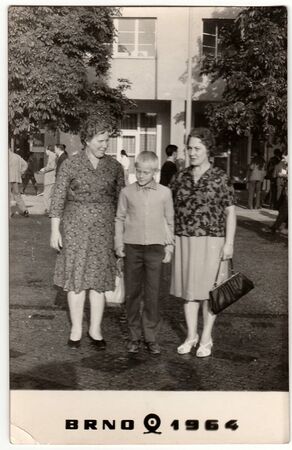 BRNO, THE CZECHOSLOVAK SOCIALIST REPUBLIC - 1964: Vintage photo shows people visit Brno Trade Fairs and Exhibitions.のeditorial素材