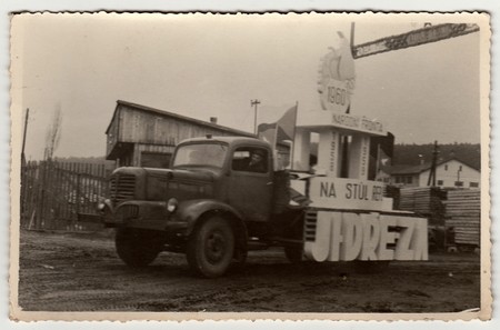 THE CZECHOSLOVAK REPUBLIC - CIRCA 1960s: Vintage photo shows lorry celebrates May Day (International Workers' Day).のeditorial素材