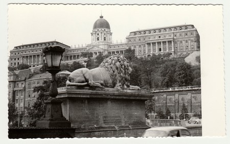 BUDAPEST, HUNGARY - 1966: Vintage photo shows Royal Palace of Budapest (Buda Castle) in Hungary.のeditorial素材
