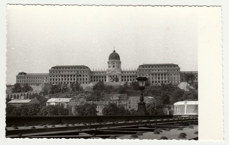 BUDAPEST, HUNGARY - 1966: Vintage photo shows Royal Palace of Budapest (Buda Castle) in Hungary.のeditorial素材