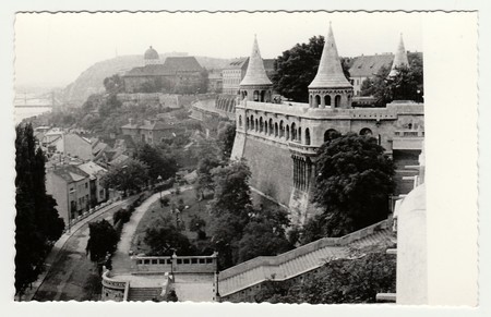 BUDAPEST, HUNGARY - 1966: Vintage photo shows Royal Palace of Budapest (Buda Castle) in Hungary.のeditorial素材