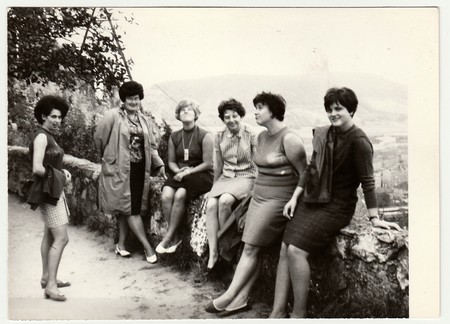 THE CZECHOSLOVAK SOCIALIST REPUBLIC - CIRCA 1960s: Vintage photo shows group of women on vacation.のeditorial素材