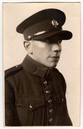 THE CZECHOSLOVAK  REPUBLIC - CIRCA 1930s:  A vintage studio photo shows soldier. Antiqoue black & white portrait.のeditorial素材