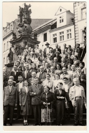 THE CZECHOSLOVAK SOCIALIST REPUBLIC - CIRCA 1970s: Vintage photo shows group of people on vacation.のeditorial素材
