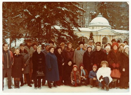 THE CZECHOSLOVAK SOCIALIST REPUBLIC - CIRCA 1980s: Vintage photo shows group of people on winter vacation.のeditorial素材