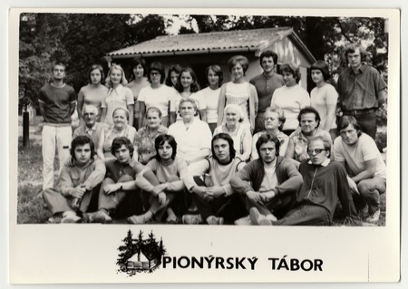THE CZECHOSLOVAK SOCIALIST REPUBLIC - CIRCA 1980s: Vintage photo shows chiefs at summer camp.のeditorial素材