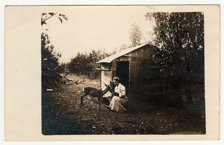 THE CZECHOSLOVAK REPUBLIC - CIRCA 1930s: Vintage photo shows woman feeds doe. She sits in front of a small garden house. Black & white photo.のeditorial素材