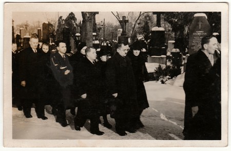 THE CZECHOSLOVAK REPUBLIC - CIRCA 1940s: Vintage photo shows people during funeral. Black & white...