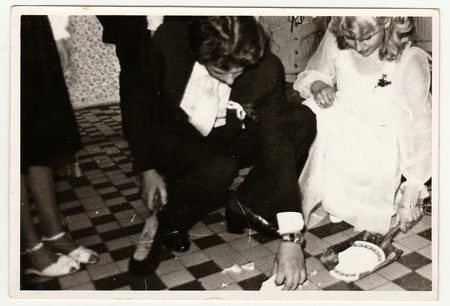 THE CZECHOSLOVAK SOCIALIST REPUBLIC - CIRCA 1970s: Retro photo shows people on wedding celebration. Black & white vintage photography.のeditorial素材