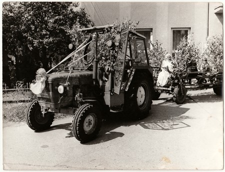THE CZECHOSLOVAK SOCIALIST REPUBLIC - CIRCA 1970s: Retro photo shows bride rides on a rural wedding celebration. Black & white vintage photography.のeditorial素材
