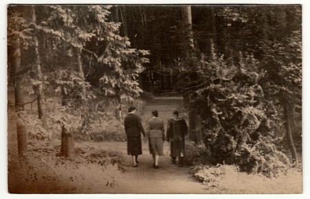 THE CZECHOSLOVAK REPUBLIC CIRCA 1930s: Vintage photo shows people go for a walk in the forest. . Retro black & white photography.のeditorial素材