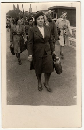 THE CZECHOSLOVAK REPUBLIC - MAY 1946: Vintage photo shows women go from the work.  Retro black & white photography.のeditorial素材