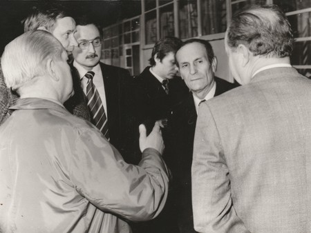 THE CZECHOSLOVAK SOCIALIST REPUBLIC - CIRCA 1980s: Vintage photo shows men during job meeting in the factory. Photography from communist era. Retro black & white  photography.のeditorial素材