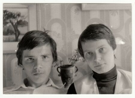 THE CZECHOSLOVAK  SOCIALIST REPUBLIC - CIRCA 1980s: Vintage photo shows a portrait of two adolescent brothers. Retro black & white  photography.のeditorial素材