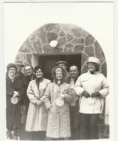 THE CZECHOSLOVAK  REPUBLIC - CIRCA 1980s: Vintage photo shows group of people poses outdoors in winter time.  Retro black & white  photography.のeditorial素材