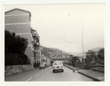 ITALY - CIRCA 1970s: Vintage photo shows the Italian riviera.  Retro black & white  photography.のeditorial素材