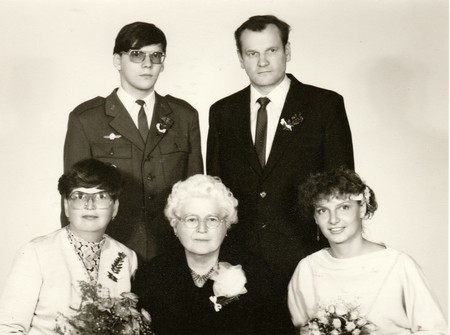 THE CZECHOSLOVAK  SOCIALIST  REPUBLIC - CIRCA 1980s: Vintage photo shows wedding guests.  One of them wears an army uniform. Retro black & white  photography.のeditorial素材