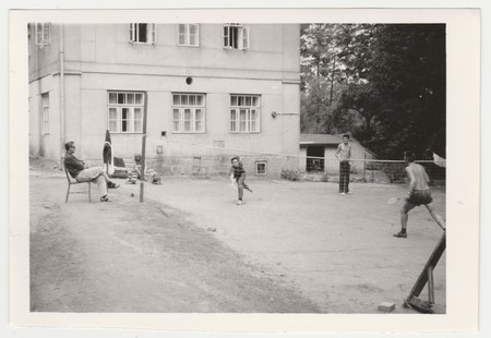 THE CZECHOSLOVAK SOCIALIST REPUBLIC - JULY 1979: Vintage photo shows people play badminton. Black & white retro photography.のeditorial素材