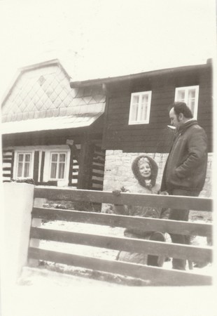 THE CZECHOSLOVAK SOCIALIST REPUBLIC - CIRCA 1970s: Vintage photo shows people in front of house. Retro black & white  photography.のeditorial素材