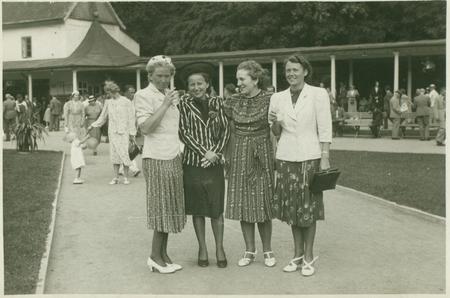 THE CZECHOSLOVAK  REPUBLIC - CIRCA 1930s: Retro photo shows women in the spa resort. Vintage black &...