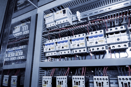 Image shows circuit breakers, brand SCHRACK. Close-up. Modern distribution case.のeditorial素材