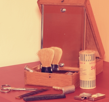 Vintage shaving accessories. Close-up. Add retro effect.のeditorial素材