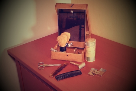 Vintage shaving accessories. Close-up. Add retro effect.のeditorial素材
