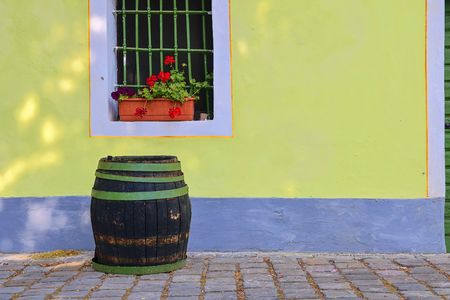Old rustic wine barrel.. Wine background in Europe. Czech Republic, South Moravia.