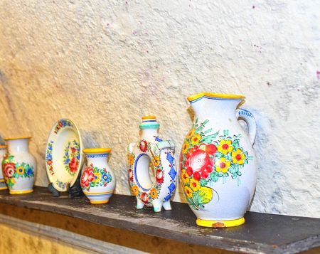 Tupesy majolica. Typical Tupesy ceramics on shelfのeditorial素材