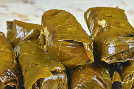 Wine leaves stuffed with rice. Traditional Greek and Mediterranean cuisine. Close-up