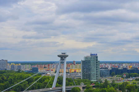 Bridge of the Slovak National Uprising, commonly referred to as Most Slovenskeho narodneho povstania or the UFO Bridge. River Danube, Bratislava, Slovakia.のeditorial素材