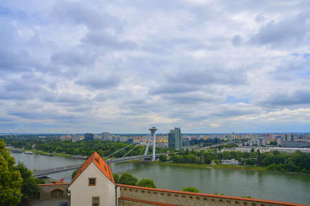 Bridge of the Slovak National Uprising, commonly referred to as Most Slovenskeho narodneho povstania or the UFO Bridge. River Danube, Bratislava, Slovakia.のeditorial素材