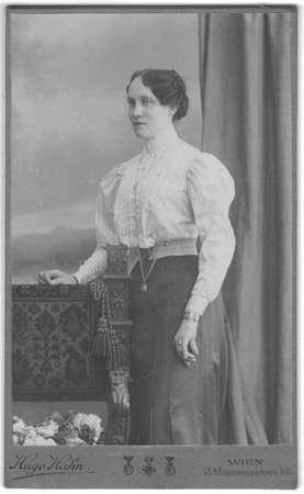 VIENNA, AUSTRIA - HUNGARY - CIRCA 1910: Vintage cabinet card shows portrait of the middle-aged woman. Photo was taken in a photo studio. Edwardian hairstyle. Photo was taken in Austro-Hungarian Empire or also Austro-Hungarian Monarchy.のeditorial素材
