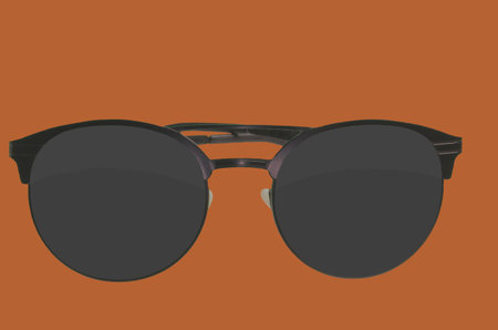 Sunglasses. Black sunglasses, close-up. Sun glasses. Old style sunglasses. Glasses with dark lenses. Vintage sun glasses on brown background. Close up of worn out sunglasses. Horizonatal imageの写真素材