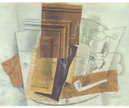 Bottle, Glass, and Pipe, Violette de Parme, Paris, early 1914. Medium: Cut-and-pasted newspaper, painted paper and wallpaper, charcoal, graphite, and gouache on paperboard.のeditorial素材
