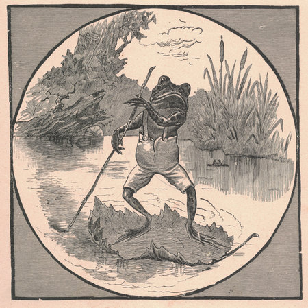 Black and white antique illustration shows a male frog sails on a leaf. Vintage drawing shows the frog sails on the leaf. Old picture from fairy tale book. Storybook illustration published 1910.の写真素材
