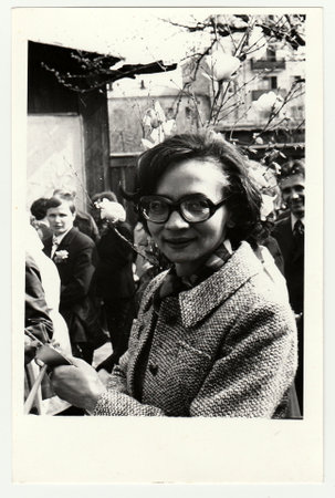 USSR - CIRCA 1970s: Vintage photo shows woman celebrating May Day (International Workers' Day).のeditorial素材