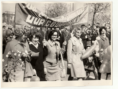 USSR - CIRCA 1970s: Vintage photo shows people celebrate May Day (International Workers' Day).のeditorial素材