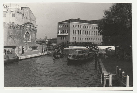 VENICE - VENICE, ITALY - CIRCA 1970s: Vintage photo shows the Italian town - Venice. Retro black and white photography. Circa 1970s.のeditorial素材