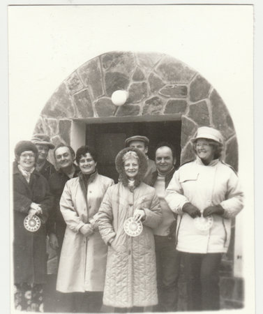 THE CZECHOSLOVAK REPUBLIC - CIRCA 1980s: Vintage photo shows group of people poses outdoors in winter time. Retro black and white photography. Circa 1980s.のeditorial素材