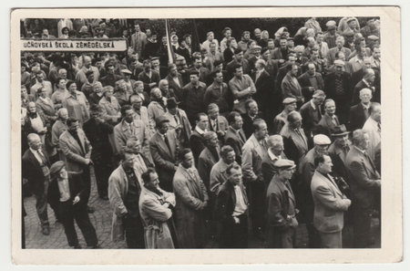 THE CZECHOSLOVAK SOCIALIST REPUBLIC - CIRCA 1950s: Vintage photo shows people celebrate May Day - International Workers' Day. Retro black and white photography. Circa 1950s.のeditorial素材