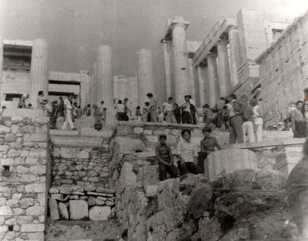 GREECE - AUGUST 1976: Vintage photo shows greek columns. Black and white retro photography. Circa 1980.のeditorial素材