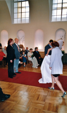 THE CZECHOSLOVAK REPUBLIC - CIRCA 1990s: Retro photo shows newlyweds and wedding guests during wedding ceremony. Vintage color photography Circa 1990.のeditorial素材