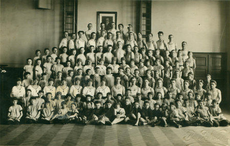THE CZECHOSLOVAK REPUBLIC - CIRCA 1930s: Retro photo shows pupils in the gym. Vintage black and white photography. Circa 1930.のeditorial素材